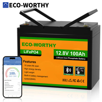 Batería de Litio ECO-WORTHY LiFePO4 100Ah con Bluetooth, 12 V 100 Ah con BMS, Protección contra Bajas Temperaturas y Máxima Carga para Panel Solar