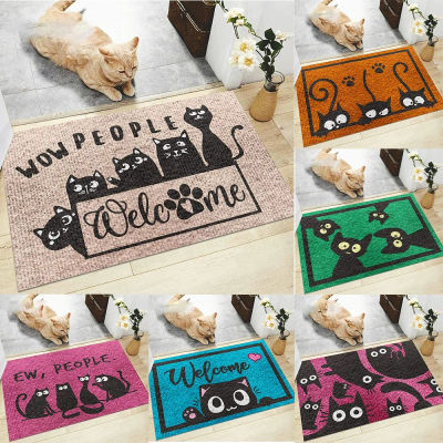 Alfombra de Bienvenida con Diseño de Gatos Negros y Texto 'WOW PEOPLE' y Huellas de Patas, Antideslizante, para Interiores y Exteriores, para Amantes de las Mascotas