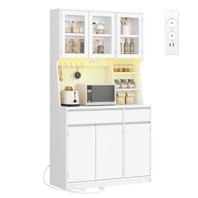 Mueble de Cocina, Aparador para Comedor, Mueble de Almacenamiento para Cocina con Regleta de Enchufes y Luces LED, Encimera, Personalizado