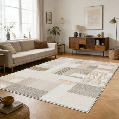 Alfombra Moderna Geométrica de Lujo para Sala de Estar, Estilo Crema, Felpa, Fácil de Limpiar, Plegable, para Dormitorio, Sofá