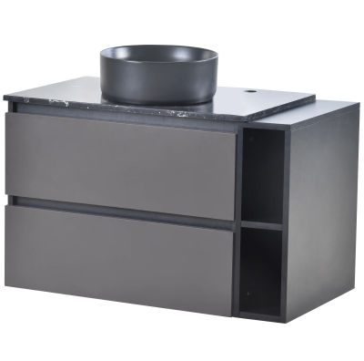 Mueble de Baño Suspendido de 80cm con Lavabo de Cerámica y Cajones, Negro-Gris