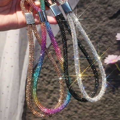 Cordón con dije para teléfono móvil con diamantes de imitación llamativos y purpurina de lujo para iPhone, Samsung, correas de muñeca para teléfono de cristal con diamantes, llavero colgante