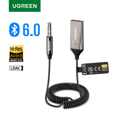 UGREEN Adaptador Aux a Bluetooth 6,0 Receptor Bluetooth de 3,5 mm LDAC Audio de alta resolución para coche Kit de conector USB a 3,5 mm con micrófono Aux