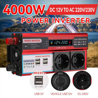 Inversor de Corriente de 4000W 3000W, Transformador de CC 12V a CA 220V 230V con 4 Puertos USB y Enchufe Europeo, Cargador con Pantalla LED para RV, Teléfono y Coche