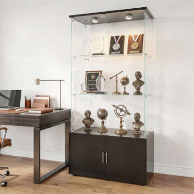 Anajqaqia - Vitrinas de Vidrio de 3 Niveles con Iluminación LED, 4 Puertas y 3 Estantes, para Colección de Vidrio, Mueble de Almacenamiento, Negro
