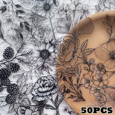 50 Uds. De pegatinas de plantas en blanco y negro, líneas simples, flores, decorativas impermeables, para ordenador portátil, álbum de recortes, diario, pegatinas para maceta DIY