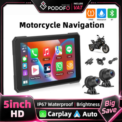 Podofo Reproductor Inteligente Portátil con Pantalla HD de 5 Pulgadas para Motocicleta, Carplay Inalámbrico, Android Auto, IP67, Resistente al Agua, Monitor Portátil para Auto, Reproductor Inteligente