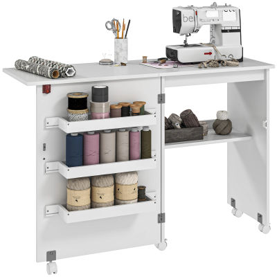 Mesa de costura plegable HOMCOM con contenedor de almacenamiento, estante abierto y ruedas, mueble para máquina de coser