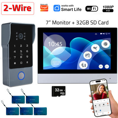 Videoportero Inteligente WiFi de 2 Cables con Video 1080P, Compatible con Tuya, Monitor Táctil de 7'', Cámara de Video para Puerta