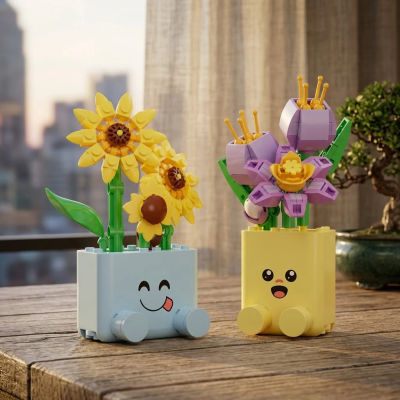 Bloques de Construcción Creativos con Emoticonos de Plantas en Maceta, Modelo de Juguete de Girasoles y Rosas, Ladrillos Botánicos para Armar, Adorno, Regalo para Niños