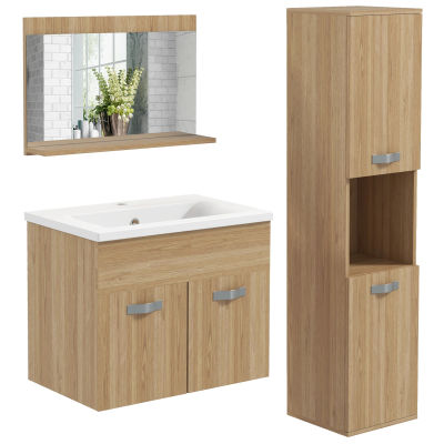 Conjunto de Muebles de Baño de Pared 3 Piezas Incluye Espejo Armario con Lavabo Cerámico y Columna de Baño Natural