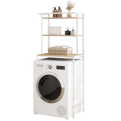 EUGAD Mueble de Almacenamiento Metálico y de Madera para Lavadora, Estante de Almacenamiento Sobre Inodoro, de Pie con 3 Niveles y Toallero, Estantería de Baño