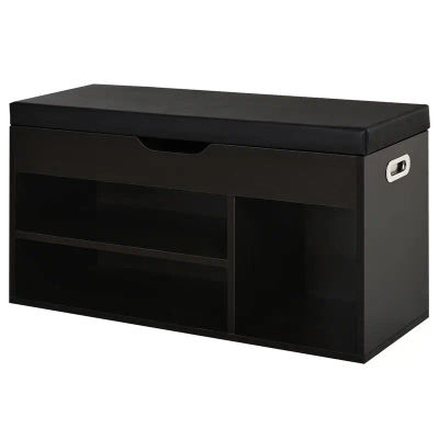 Zapatero Acolchado para Entrada, Mueble de Entrada con Zapatero, con 3 Compartimentos, Asiento de Cuero PU, para Sala de Estar y Pasillo, 80x30x43 cm, Negro