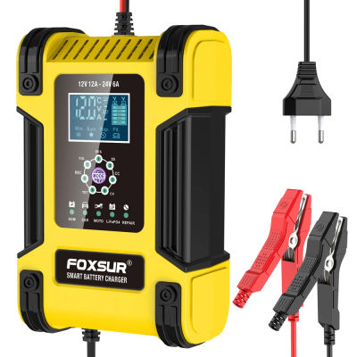 Foxsur-cargador de batería de coche completamente automático, 12V, 12A, pantalla Digital, cargadores de reparación de pulso de potencia, ácido de plomo seco y húmedo