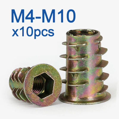 10 unids/lote rosca de aleación de Zinc para tuerca de inserción de madera cabeza de accionamiento hexagonal con bridas tuercas para muebles M4 M5 M6 M8