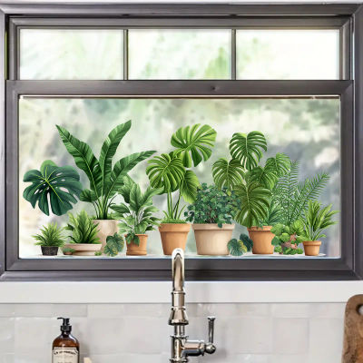 Calcomanías de Ventana con Diseño de Plantas Tropicales en Maceta, Adhesivos de Pared con Diseño de Palma Monstera, Adornos Verdes para Ventanas de Cocina y Decoración del Hogar
