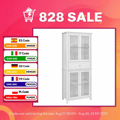 HOMCOM Alacena de Cocina Mueble Vitrina con 4 Puertas de Vidrio Templado Cajón y Estantes Ajustables 74x35,5x181,5 cm Blanco