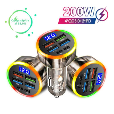 Cargador de Coche de 200W con QC3.0 y Tipo-C, Carga Rápida, Carcasa Transparente, PD para iPhone 15 14 13 12 Xiaomi Poco Samsung, Cargador Rápido
