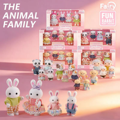 Casa de muñecas con familia de conejos y perros, juego de muebles en miniatura con caja, juguetes de simulación para casa de muñecas, juegos de rol