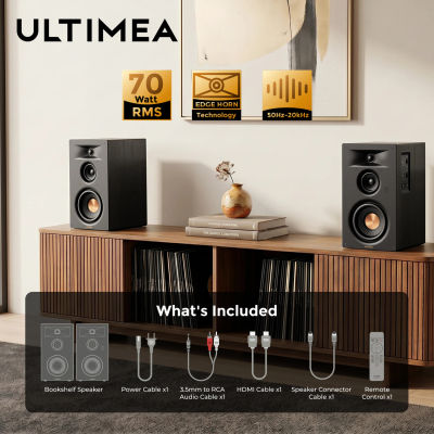 Altavoces de Estantería de Tres Vías ULTIMEA de 5.25'', 70W RMS, Control por Aplicación, Tecnología Edge Horn y BassMX, Subwoofer para Cine en Casa, Auracast