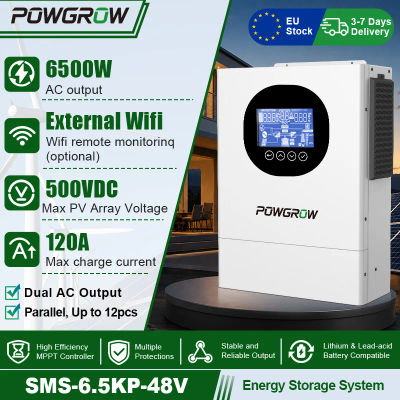Inversor Híbrido Solar POWGROW de 6.5KW, 48V, Onda Sinusoidal Pura, Controlador de Carga Solar MPPT de 120A, Compatible con Funcionamiento en Paralelo, con Monitor WIFI