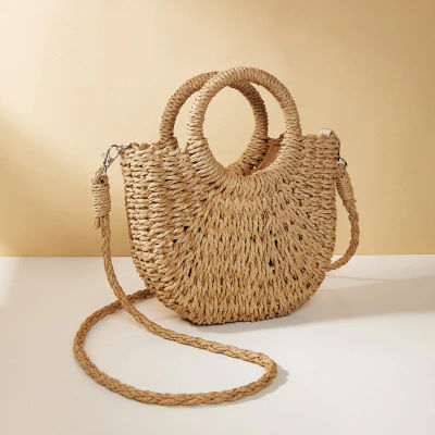 Bolso de mano de mimbre de paja de media luna para playa, bolso de hombro cruzado de gran capacidad para mujer de verano