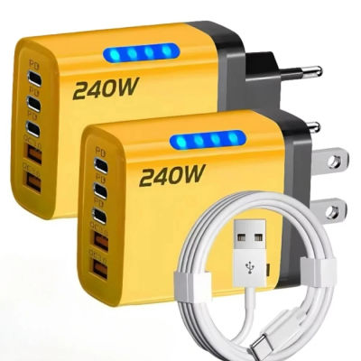 Cargador Rápido 5 en 1 de 240W GaN con 2 Puertos USB + 3 Tipo-C, Cabezal de Carga para Teléfono con Múltiples Puertos y Luz LED, Adaptador de Pared para iPhone 16 15 Pro y Laptop