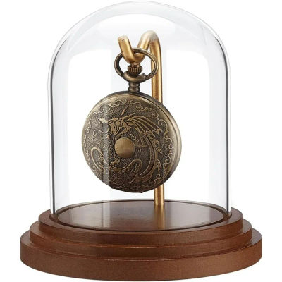 Cloche de cúpula de exhibición de reloj de bolsillo con gancho, tarro de exhibición de reloj de 4,2 "x 4", vitrina de vidrio decorativa con escaparate de plantas con Base de madera