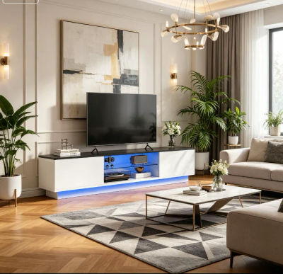 Mueble para TV Rosahqnda para televisores de hasta 65 pulgadas con luces LED, centro de entretenimiento para juegos, mueble bajo para TV con estantes para sala de estar, dormitorio