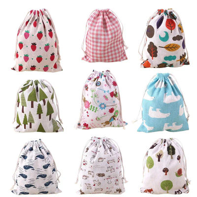 Bolsa de tela de lino y algodón, bolsa con cordón, estampado de plantas y animales bonitos, bolsa de almacenamiento de zapatos de tela de viaje para niños, estuche de maquillaje, bolsa de regalo de