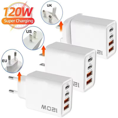 Cargador USB tipo C de carga rápida, 120W, 4 puertos PD, carga rápida 3,0 para iPhone, Samsung, Xiaomi, Huawei, adaptador de teléfono con enchufe para UE, EE. UU. y Reino Unido