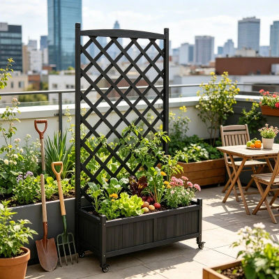Maceta Independiente Negra de Madera de Abeto con Rejilla y Ruedas, Elegante para Jardín y Plantas Trepadoras, Decoración Exterior