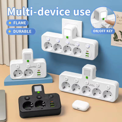 Regleta de Enchufes con Enchufe Europeo, 3 Tomas de CA + 2 Puertos USB + 1 Tipo C, Adaptador de Enchufe 6 en 1, Cargador Inalámbrico de Pared para Oficina en Casa