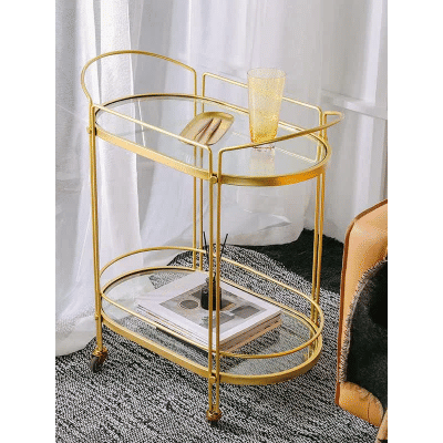 Carro de lujo con luz nórdica para sala de estar, estante extraíble dorado para comedor, mueble para té, vino, mueble lateral de vidrio
