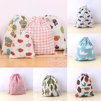 Bolsa de tela de lino y algodón con cordón para niños, bolsa de almacenamiento de zapatos de tela de viaje con estampado de plantas y animales bonitos, estuche de maquillaje, bolsa de regalo, 1 unidad