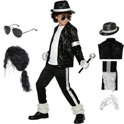 Disfraz de Estrella de Hip Hop para Niños, Chaqueta y Pantalones Negros con Lentejuelas Plateadas, con Sombrero, Gafas de Sol y Guantes, Traje para Espectáculos de Carnaval