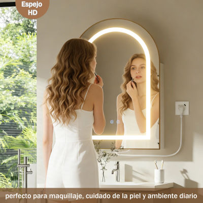 Espejo de Baño Moderno con Luz LED Inteligente, Antivaho, Estación de Carga, Mueble de Almacenamiento de Madera, Espejo de Belleza Blanco para el Hogar