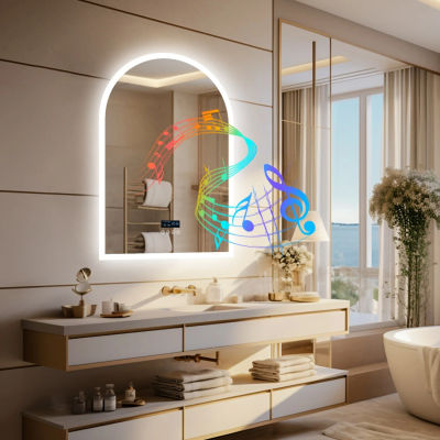 Espejo LED Arqueado de 60x90CM para Baño, Espejo de Vanidad con Retroiluminación, Bluetooth, Fecha y Hora, Antivaho Táctil, Pantalla Digital