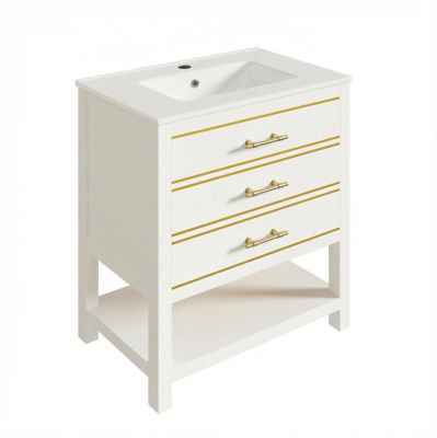 Mueble de Baño Independiente Blanco con Lavabo de Cerámica, 2 Cajones y Estante Abierto, Gabinete de MDF con Tiradores Dorados, 76 cm