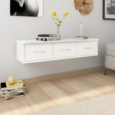 Mueble de pared con cajones, color blanco, madera sintética, 88x26x18.5 cm, ahorro de espacio para el hogar