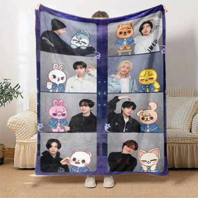 Manta de Franela con Diseño de Personajes Skz, Impresión Plana 2D, Ligera y Acogedora, para Todas las Estaciones, para Dormitorio, Sala de Estar, Camping