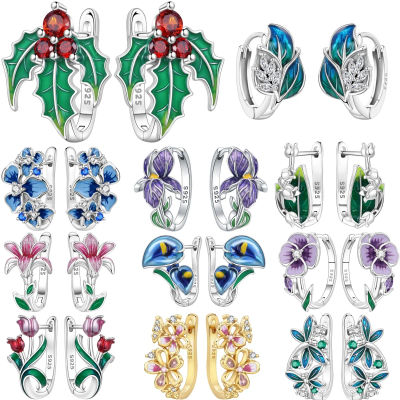 Orstarry Original Plata de Ley 925 pendientes de planta de hoja azul pendientes de aro para mujer regalos de joyería de aniversario