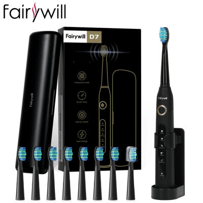 Fairywill-cepillo de dientes eléctrico FW507, dispositivo dental sónico con cargador USB, 8 cepillos de repuesto, electrónico, impermeable, con estuche de viaje