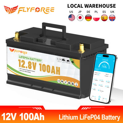 Batería de litio LiFePo4 FLLYROWTH de 12V 100Ah con Bluetooth y BMS de 100A para RV, barco, motor, inversor, energía solar, eólica, todoterreno, fuera de la red.