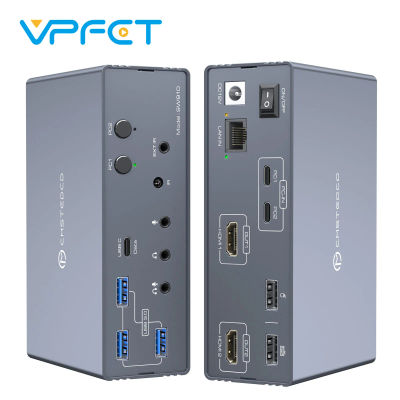 Conmutador KVM USB C, Monitor Dual, multiordenador, HDMI, 4K @ 120Hz, estación de acoplamiento KVM, compartir 2 monitores, dispositivo USB 3,2, micrófono de Audio
