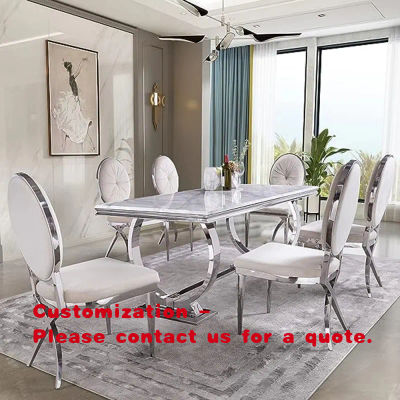 Juego de Comedor Moderno y Lujoso con Mesa Blanca Rectangular de Metal y 6 Sillas - Muebles para Comedor