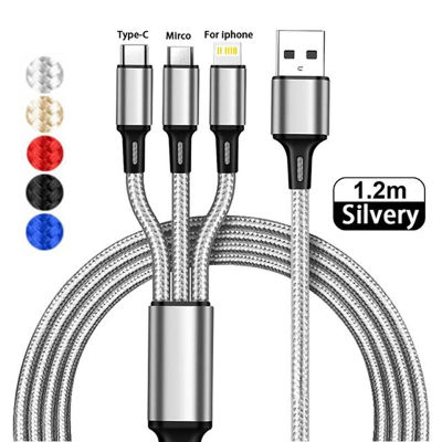 Cargador USB 3 en 1, Cable de carga rápida tipo C, Cable cargador múltiple Micro LIGHTNING para iPhone, Huawei, Samsung, Cable trenzado de nailon