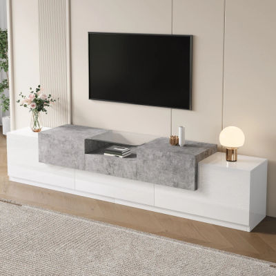 Mueble para TV de 2 Tonos Blanco y Gris Cemento, Consola Multimedia Minimalista con Estante de Vidrio Templado, Cajón Central y Puertas Laterales Plegables, Equipado con Bisagras de Cierre Suave y