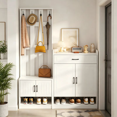 Mueble de pasillo 3 en 1, con banco, 4 ganchos y armario, resistente, para pasillo, uso diario, espacio de almacenamiento, aglomerado de partículas – blanco