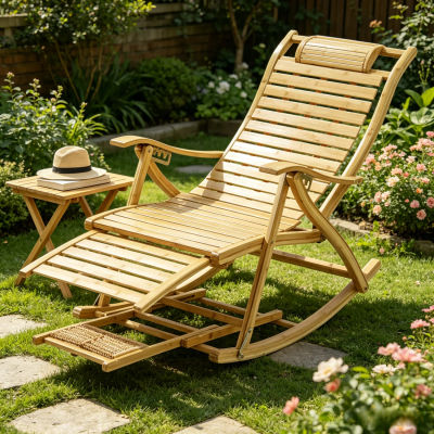 Silla Mecedora Plegable de Bambú para Sala de Estar, Dormitorio, Jardín, Muebles de Interior y Exterior, Sillas Reclinables Ajustables